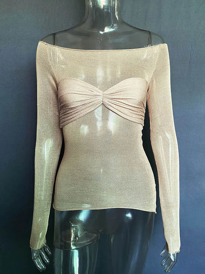 Long Sleeve Shoulder Gauze T-shirts Slim Versatile T-shirt Spring Female Off Shouler Tops
