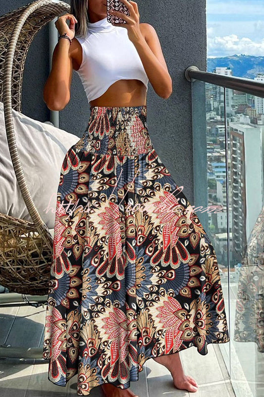 Unique Printed Pleated Elastic Waist Holiday Maxi Skirt