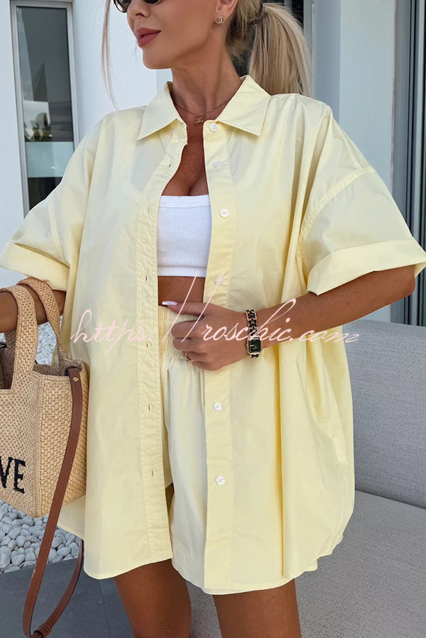 Summer Loose Short-sleeved Shirt and Elastic High Waist Shorts Set