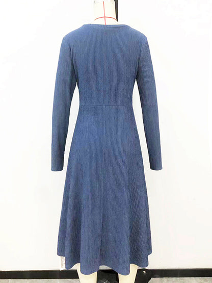 Long Sleeves Loose Pleated Color Split-joint V-neck Midi Dresses