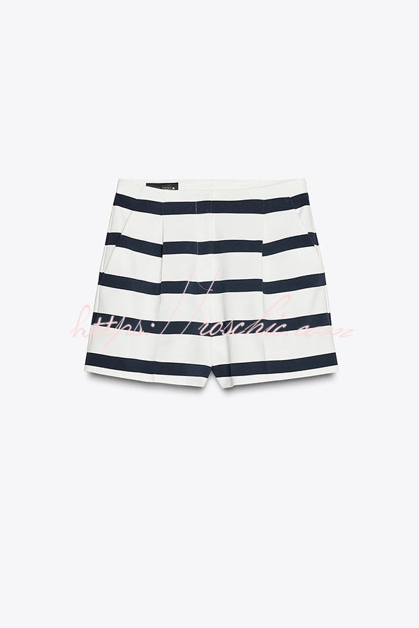 Logbook Stripe Button Shoulder T-shirt and High-rise Pocketed Loose Shorts Set