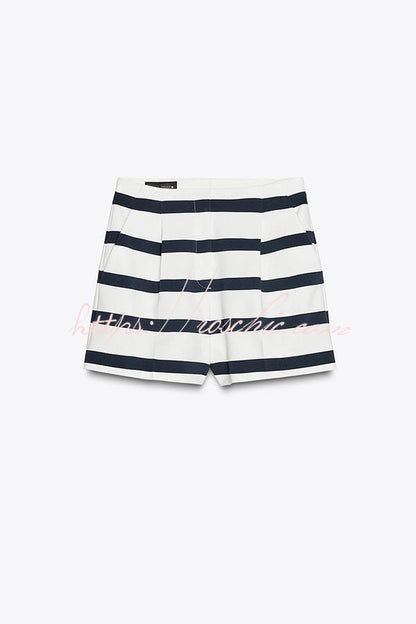 Logbook Stripe Button Shoulder T-shirt and High-rise Pocketed Loose Shorts Set