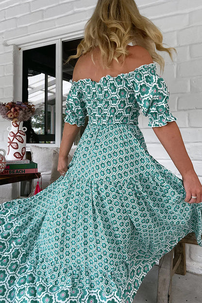 Print Off-the-shoulder Puff-sleeve Pleated Maxi Dress