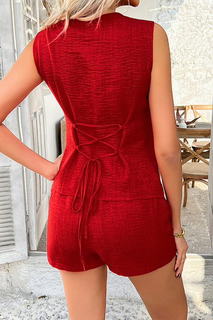Color Holiday Style V-neck Button Irregular Vest and Elastic Waist Pocket Shorts Set