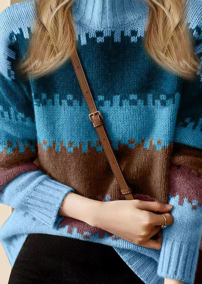 Loose Blue O Neck Thick Patchwork Knit Sweater Winter Wv033