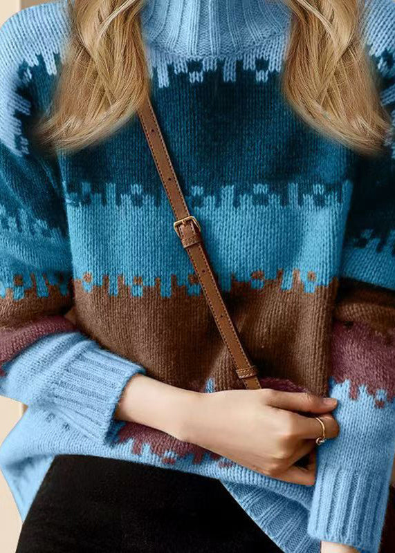 Loose Blue O Neck Thick Patchwork Knit Sweater Winter Wv033