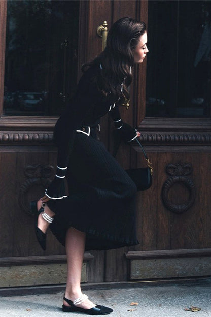 Ruffled Knit Collared Fitted Sweater Dress
