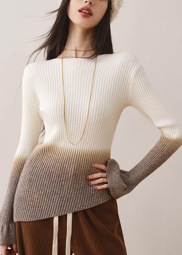 White Gradient Slash Neck Slim Knit Sweaters Fall Ws018