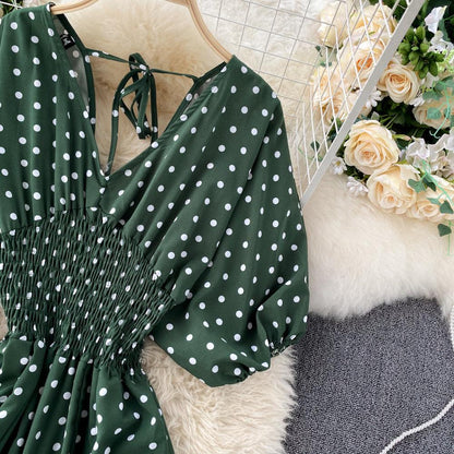 Stylish Army Green V-neck Polka Dot Puff Sleeve Wide Leg Jumpsuit