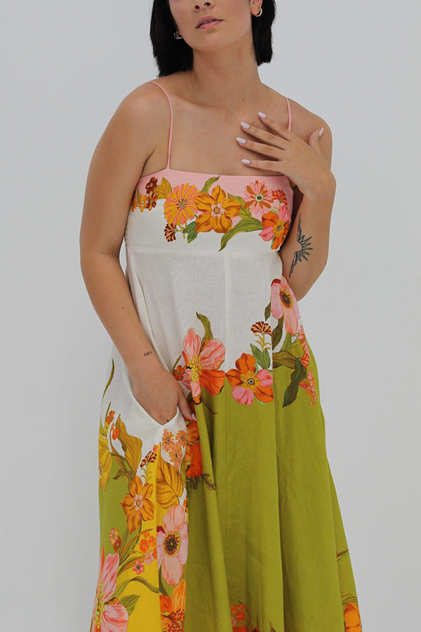 Linen Blend Contrast Print Back Smocked Pocket Maxi Dress