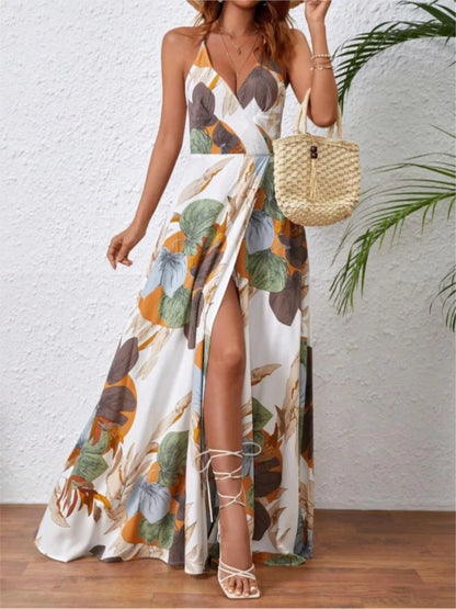 Flower Print Spaghetti Strap Dresses V-neck Backless Slit Long Dress Style Vacation Beach Vestidos