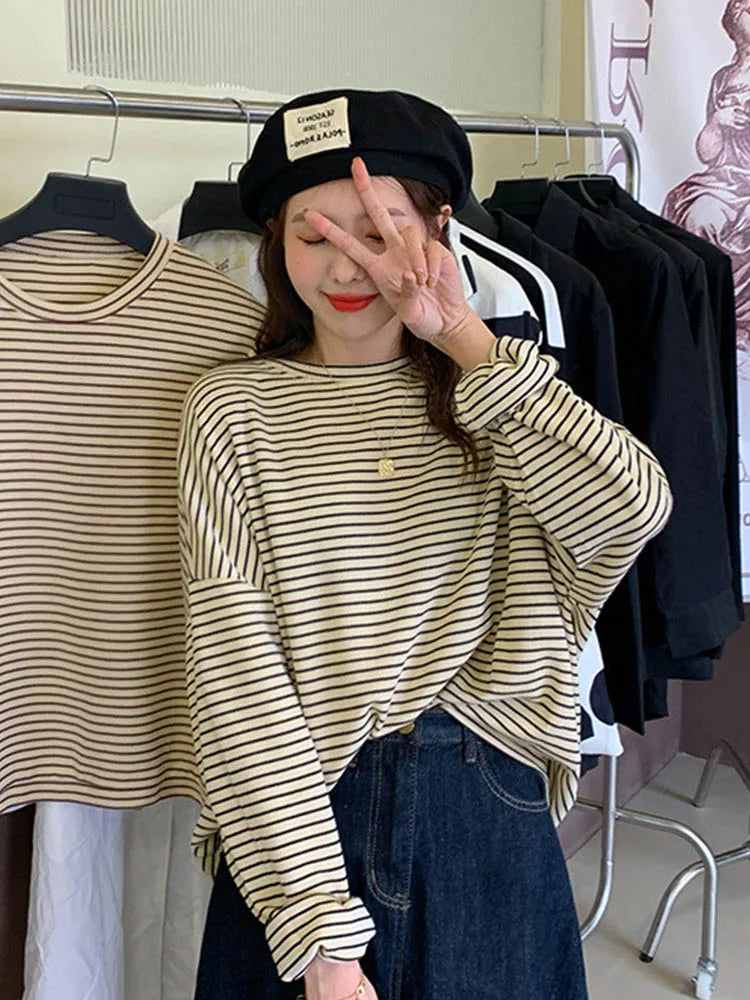 Coffee Stripes Cotton T-shirts Loose-fitting Autumn Lady Full Sleeve All Match Tops
