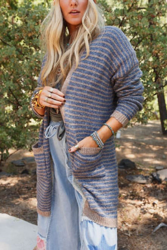 Contrast Striped Loose Long-sleeved Mid-length Knitted Cardigan
