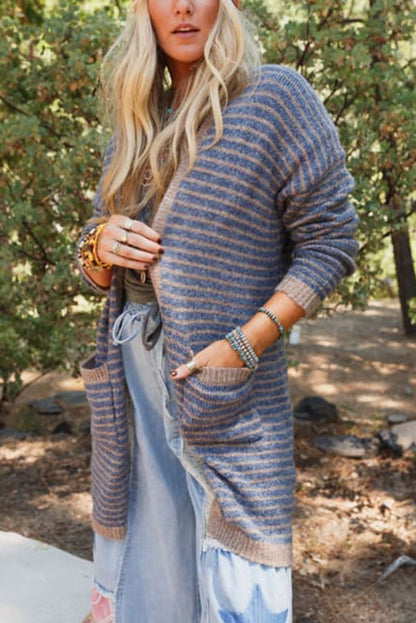 Contrast Striped Loose Long-sleeved Mid-length Knitted Cardigan