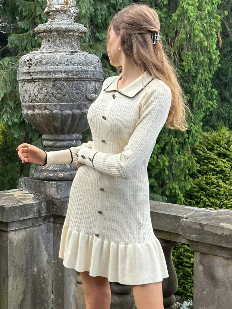 Autumn Long Sleeve Knit Dress for Lapel Single-btrasted Button High Waist Ruffled Mini Dress Knitwear