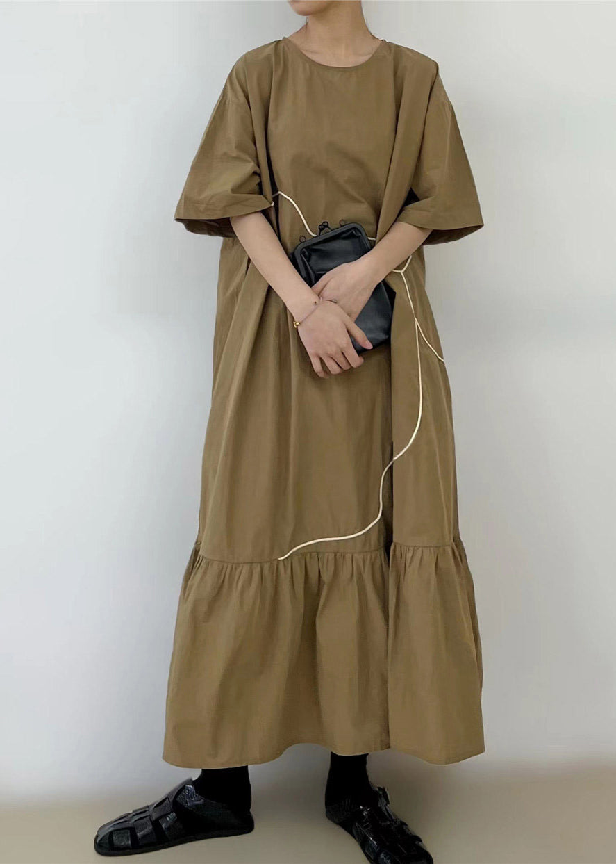 French Khaki Ruffled Patchwork Maxi Dress Short Sleeve Tt1046