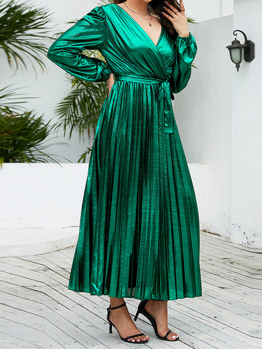 High Waisted Long Sleeves Bronzing Elasticity Pleated Color Tied Waist Deep V-neck Maxi Dresses