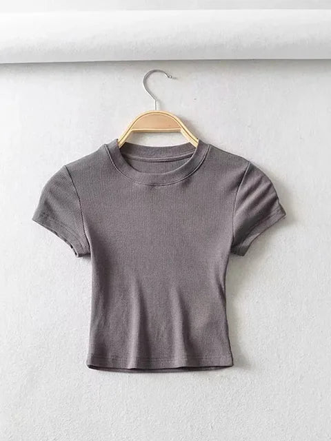Summer O-neck Short-sleeve T-shirt Slim Elastic Skinny Crop Tops