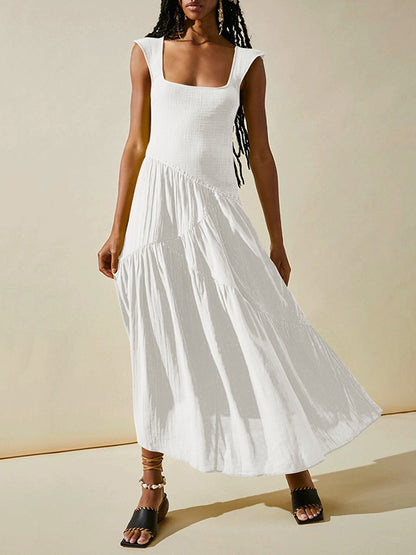 Loose Sleeveless Backless Elasticity Lace-up Pleated Color Split-joint Square-neck Maxi Dresses