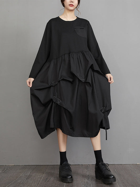 Long Sleeves Loose Split-joint Color Round-neck Midi Dresses