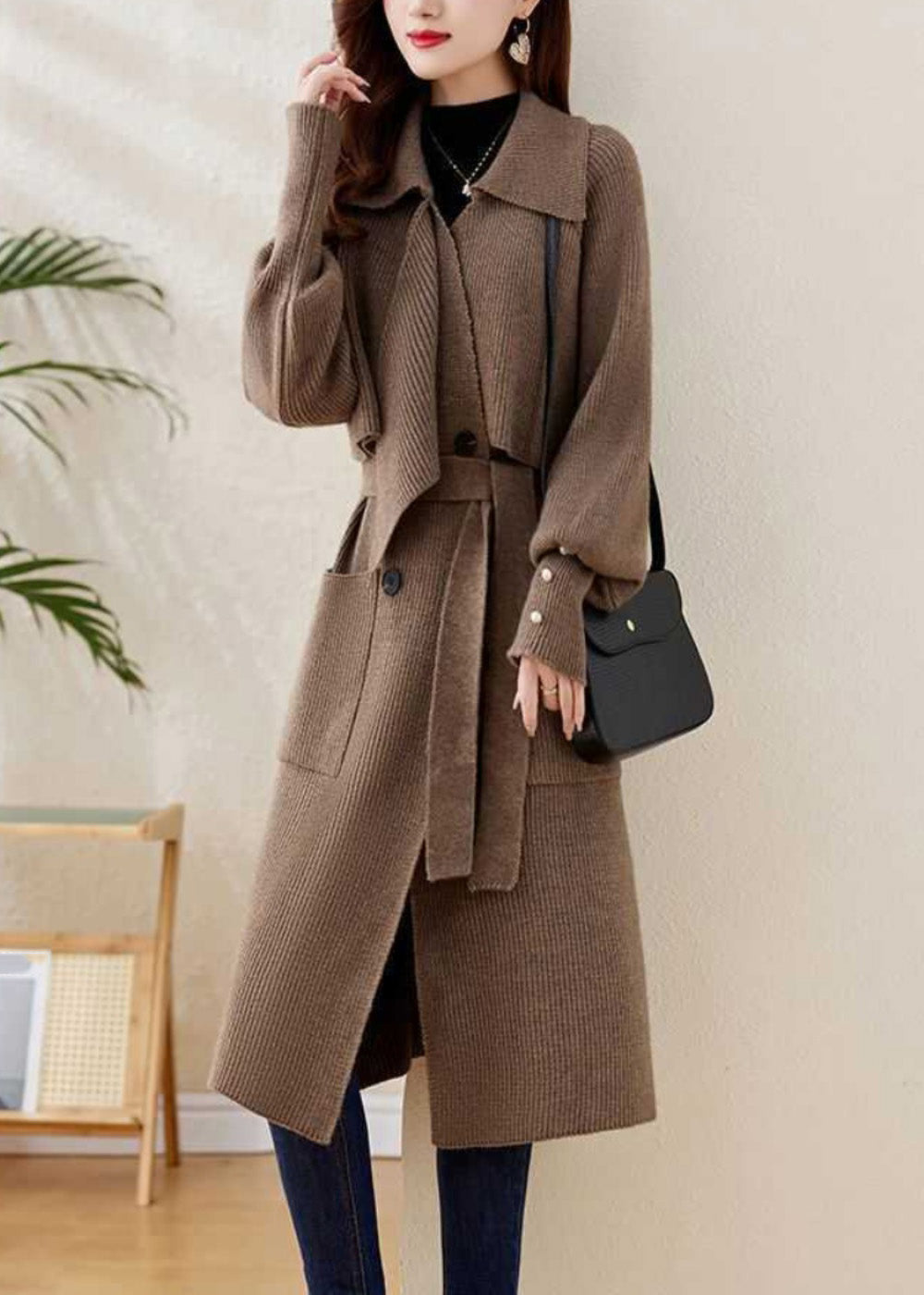 Grey Peter Pan Collar Tie Waist Knit Coats Winter Wd028