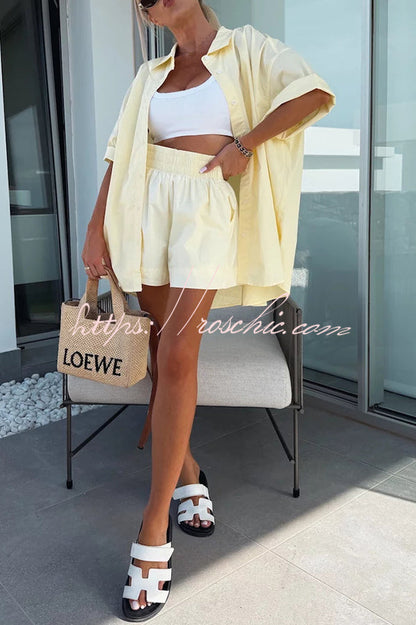 Summer Loose Short-sleeved Shirt and Elastic High Waist Shorts Set