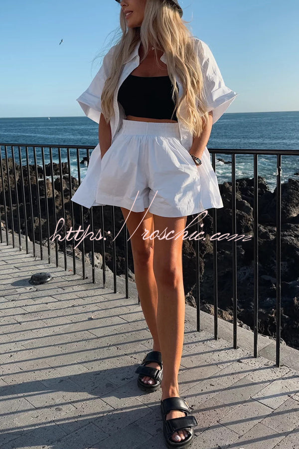 Summer Loose Short-sleeved Shirt and Elastic High Waist Shorts Set
