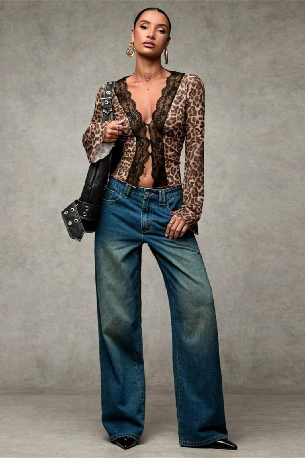 Leopard Print Lace-paneled Blouse