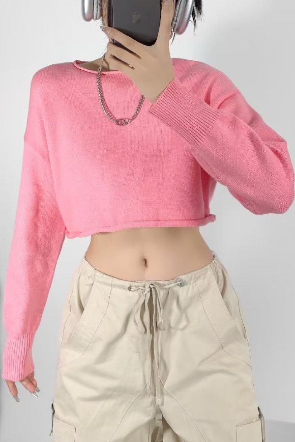 Round Neck Color Loose Long Sleeve Super Short Knitted Sweater