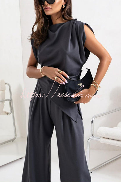 Jordy Ruched Shoulder Slit Top and Elastic Waist Pocketed Wide Leg Pants Set