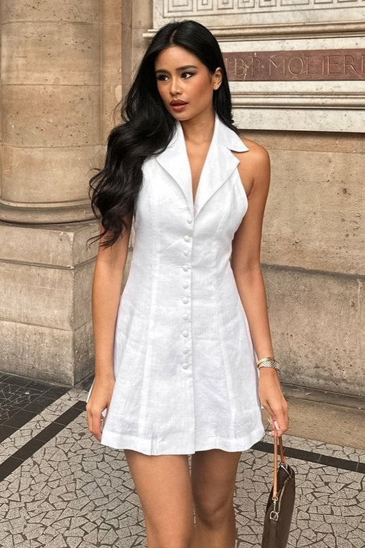 Halter V Neck Button Down a Line Mini Dress