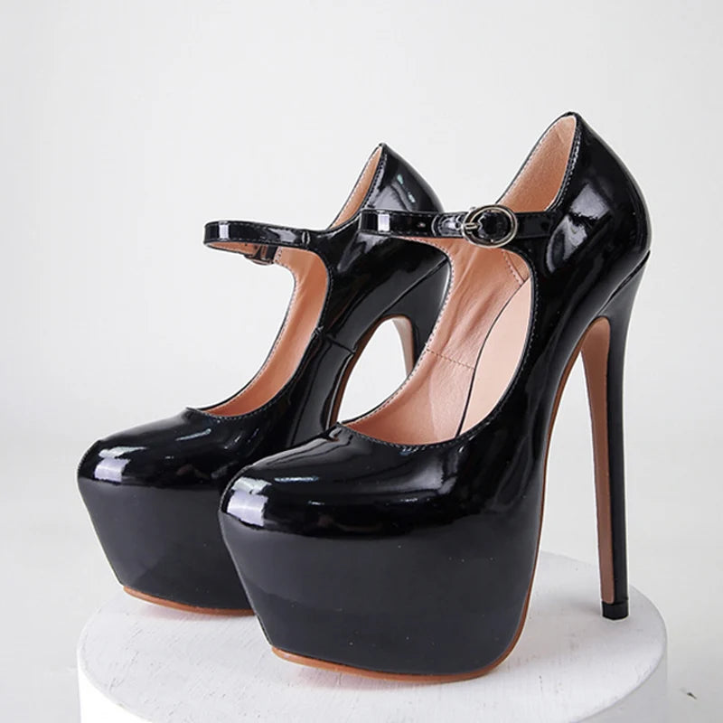 Red High Heels Platform Pumps 17cm Runway Patent Leather Round Toe Buckle Strap Party Wedding Stripper Shoes