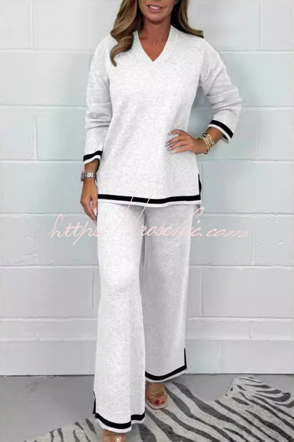 Color V-neck Long-sleeved Loose Top and Elastic Waist Wide-leg Pants Set