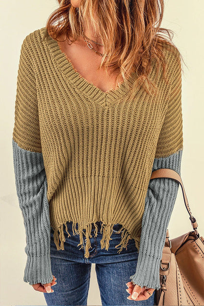 Tassel Hem Pullover V Neck Sweater