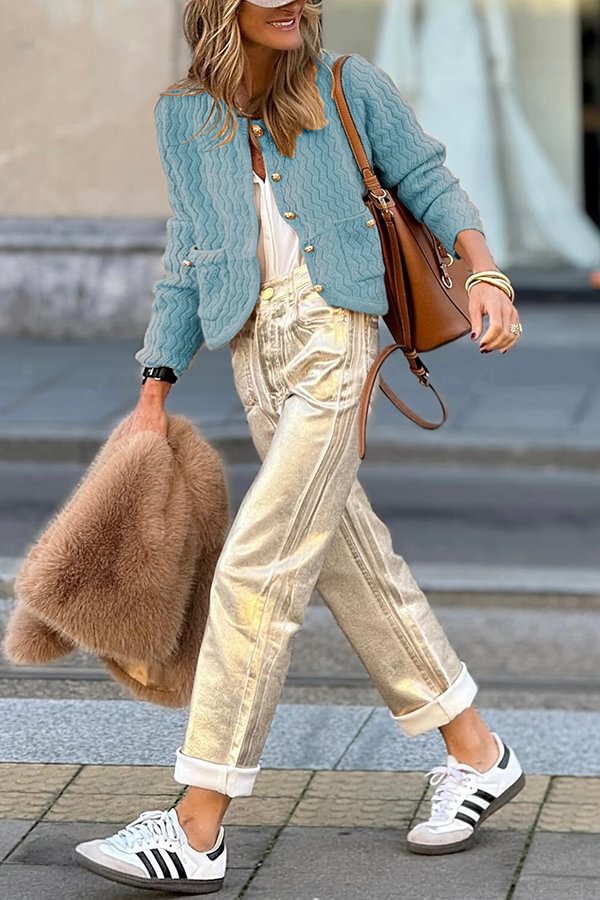 Color V-neck Long-sleeved Loose Pocket Knit Cardigan