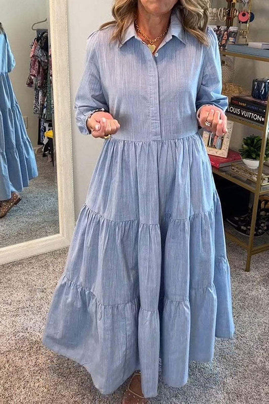 Color Lapel Elastic Cuffs Loose Maxi Dress