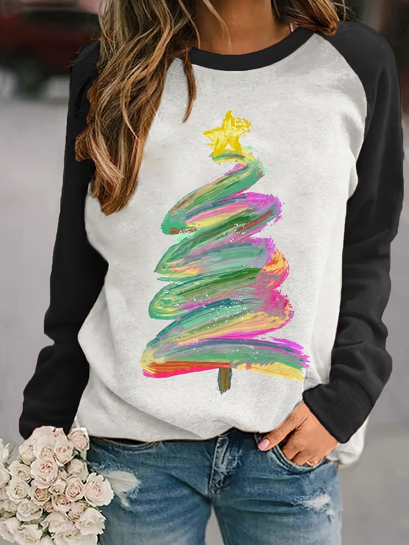 Christmas Tree Print Pullover Sweatshirt Rk6301
