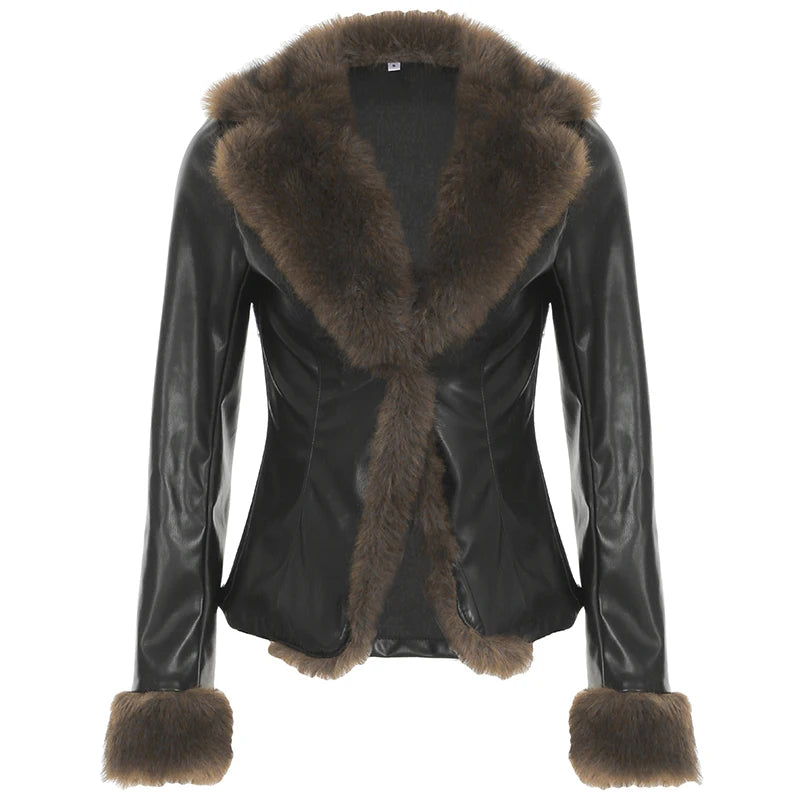 S Autumn New Clothes ��s Leather Coat Long Sleeve Spliced Faux Trim Button Slim Fit Coat