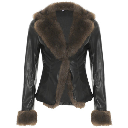 S Autumn New Clothes ��s Leather Coat Long Sleeve Spliced Faux Trim Button Slim Fit Coat