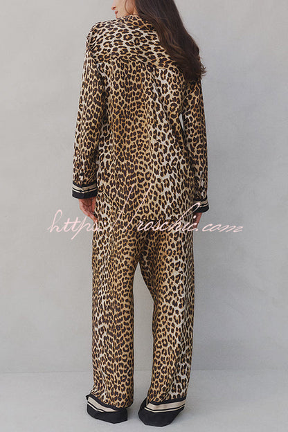 Unique Print Lapel Long Sleeve Loose Shirt and Elastic Waist Pocket Wide Leg Pants Set