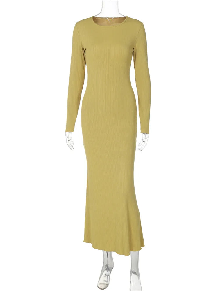 Autumn Slim Maxi Dress for High Waist Patchwork Ribbed Party Dress Long Dress Clothes