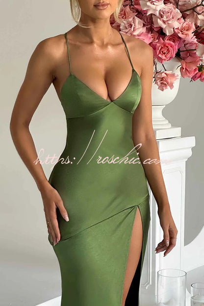Satin Color Backless Lace Up High Slit Maxi Dress