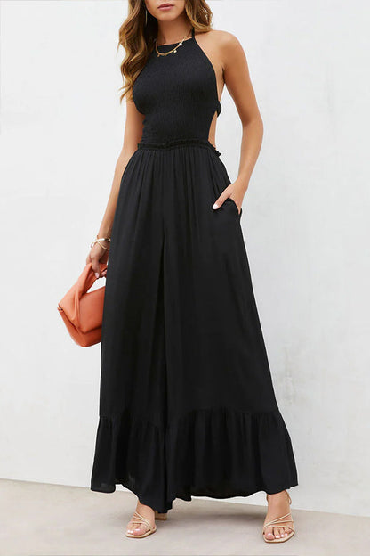 Color Halter Neck Open Back Flared Jumpsuit