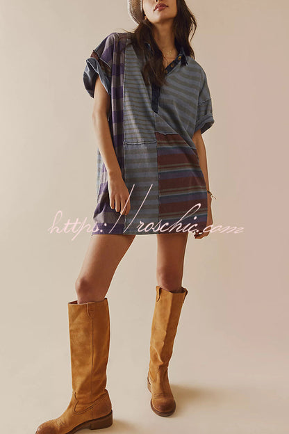 Contrast Striped Patchwork Denim Lapel Loose Mini Dress