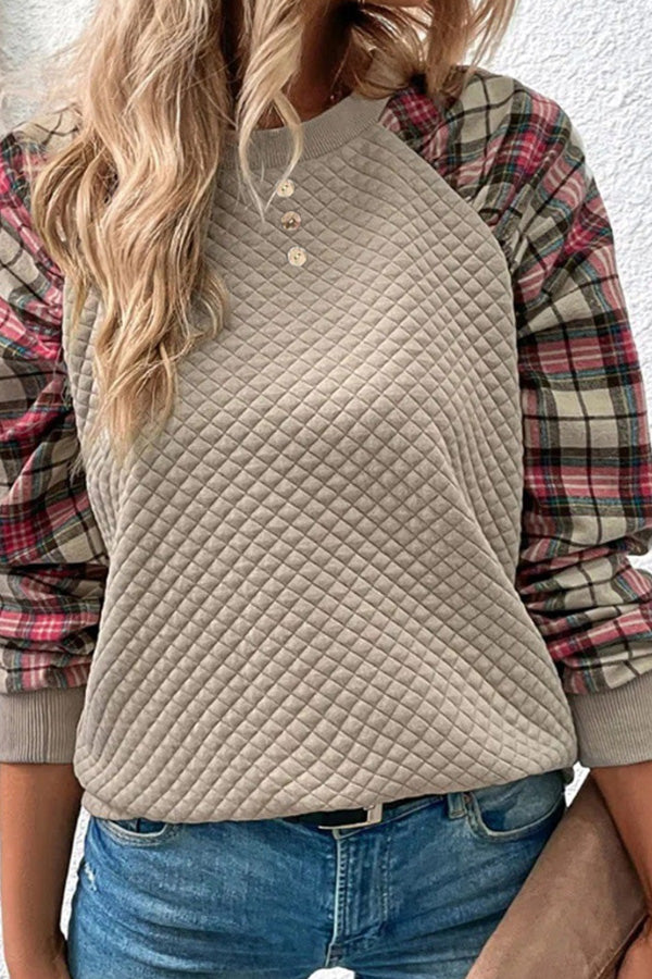 Fashionable Diamond Plaid Patchwork Long-sleeved Round Neck Sweatshirt