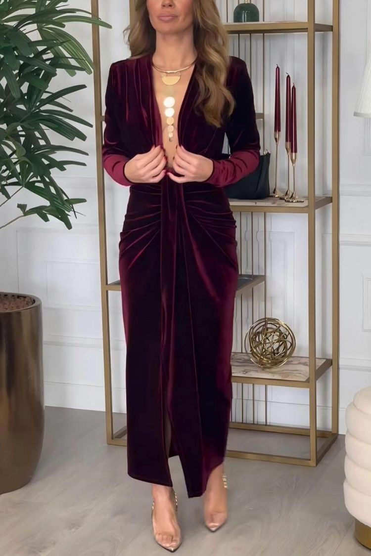 Classic Pleated Deep V Slit Party Maxi Dress