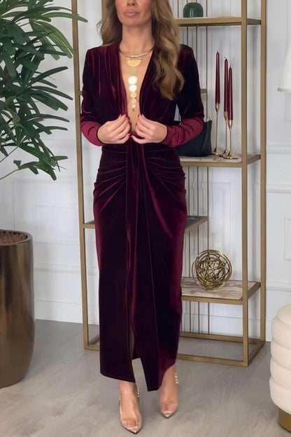 Classic Pleated Deep V Slit Party Maxi Dress