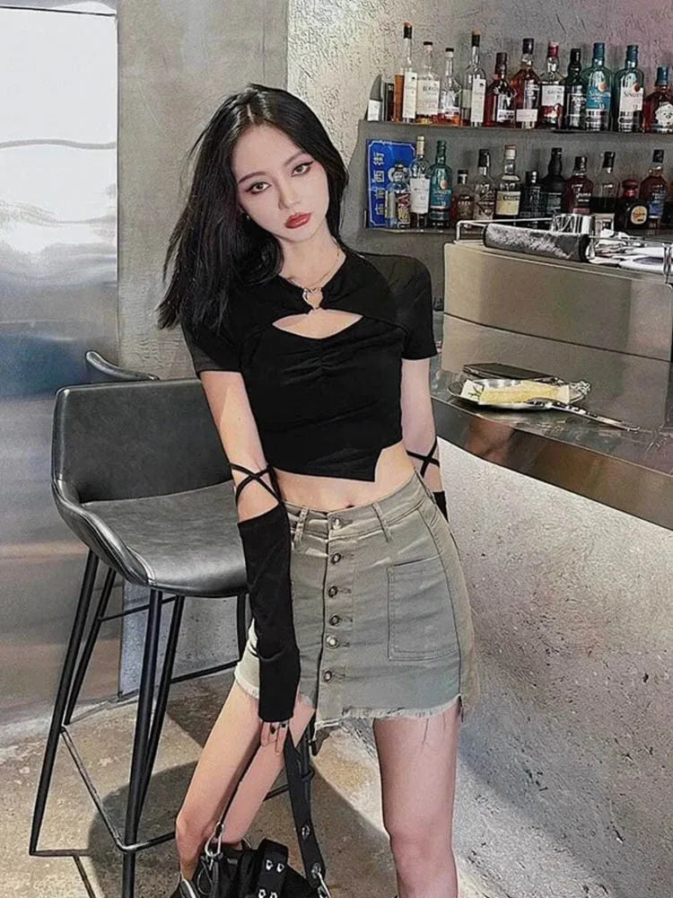 High Street Short Sleeve T-shirt Harajuku Summer Hollow Out Slim Design Ins Korean Style Above Navel Cropped Top All-match