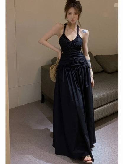 Halter Long Dresses for Slim A-line Holiday Beach Dress Sleeveless V-neck Korean New Spring Summer Clothing