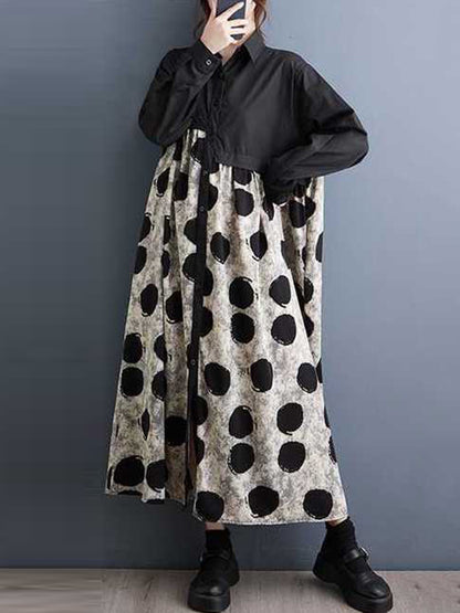A-line Long Sleeves Asymmetric Buttoned Polka-dot Split-joint Lapel Midi Dresses Shirt Dress